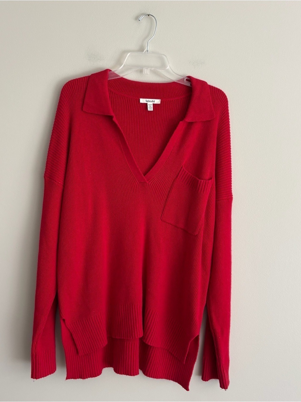 Splendid Bright Red V-Neck Ribbed Collared V-Neck Knit Sweater Size M